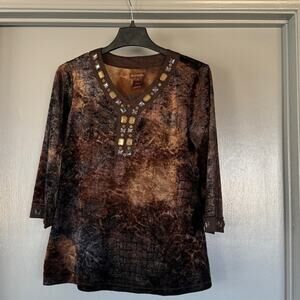 Multiples Brown Velvet V-Neck Sequin Metal Embellished Women's Pullover Top sz M